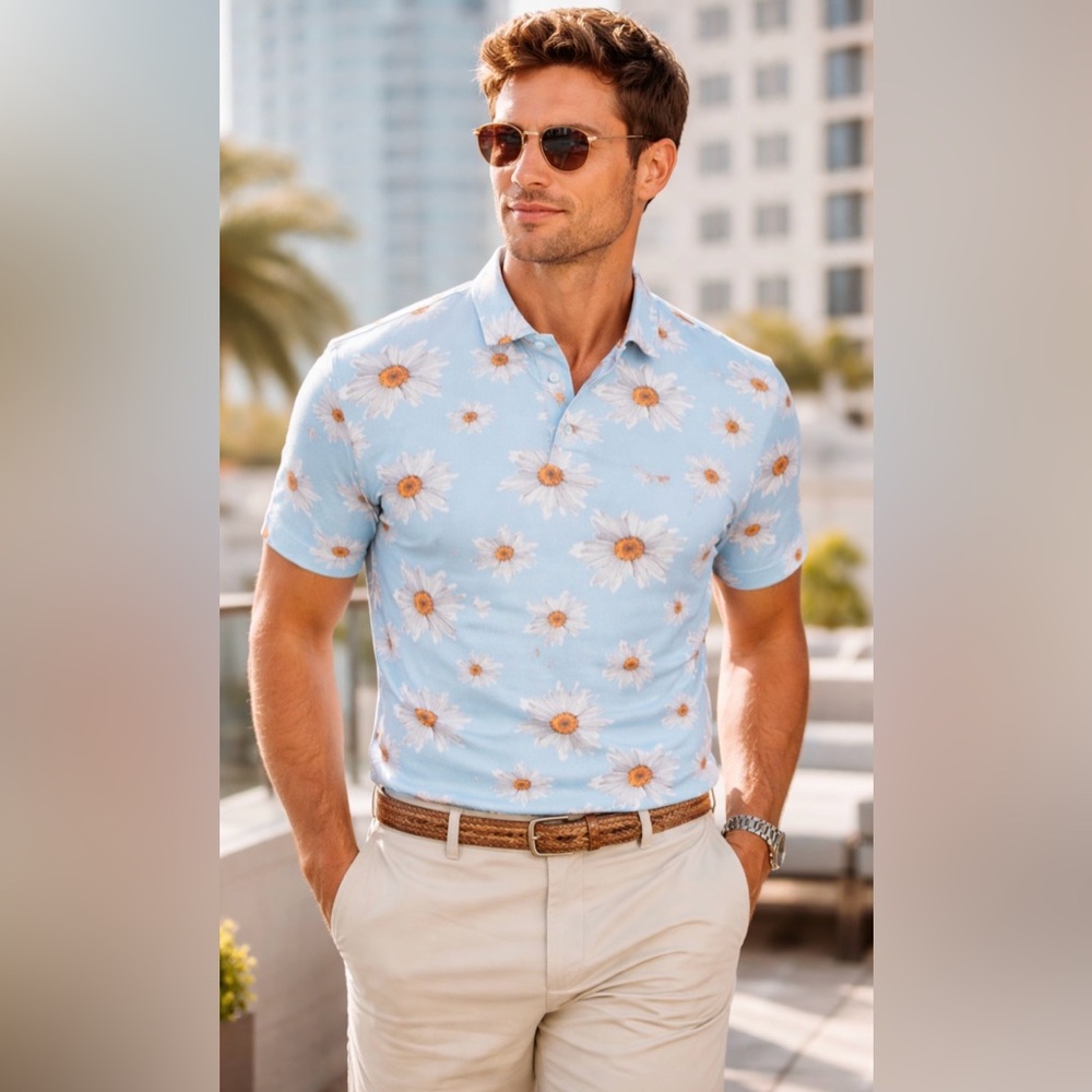 Guide London Men’s Small Light Blue Daisy Floral Polo Shirt NWT